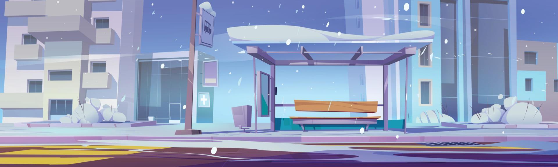 Empty bus stop in winter city, cartoon vector