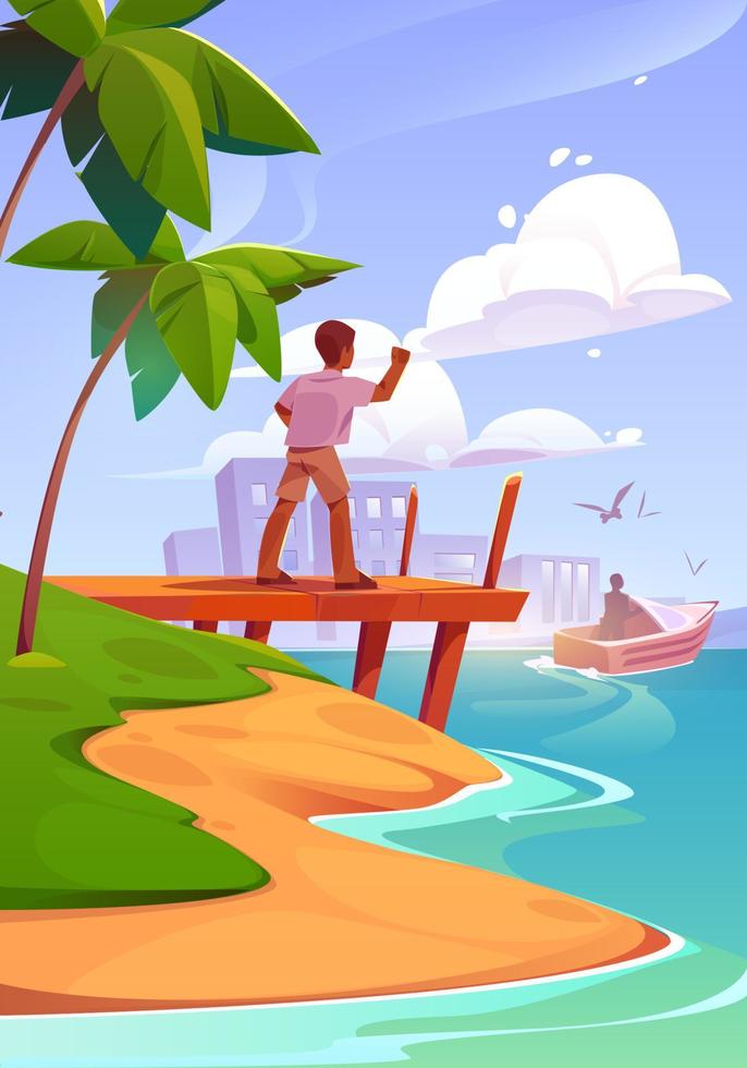 Male character stand on wooden pier rear view vector