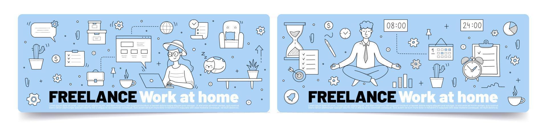 trabajo independiente en casa doodle banners conceptuales vector