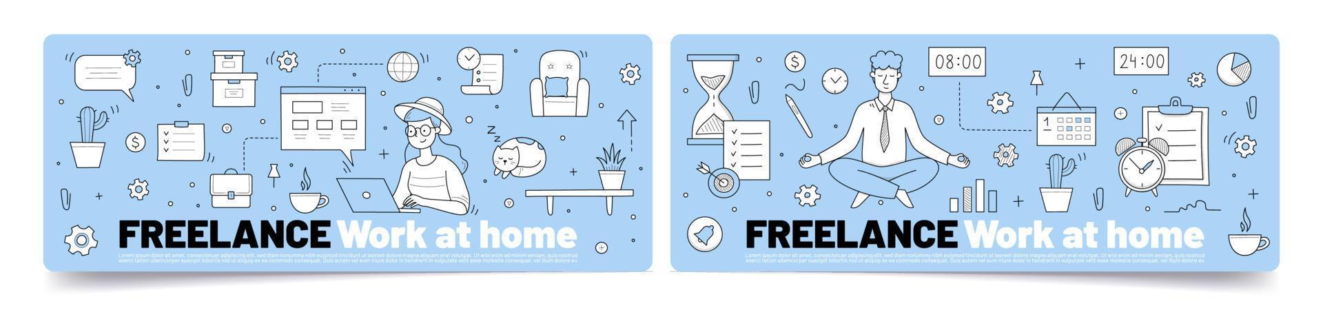 Freelance work at home doodle conceptual banners vector