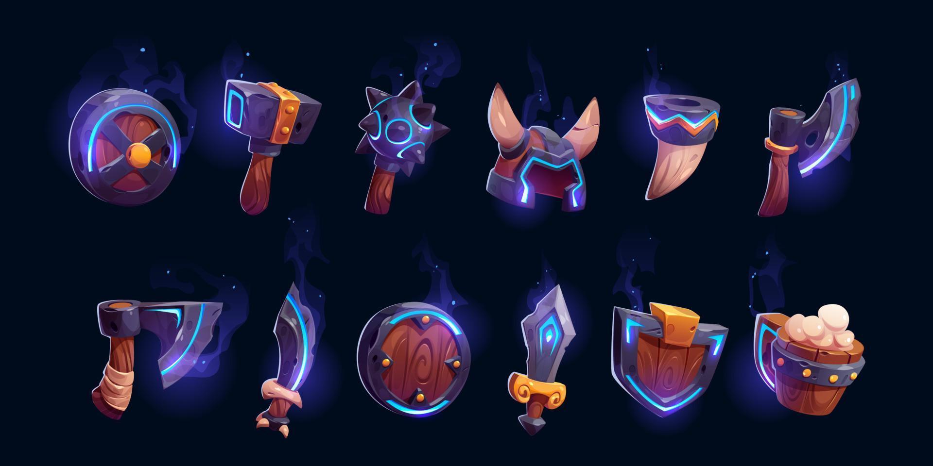 Viking game props icons neon glowing armor, weapon vector