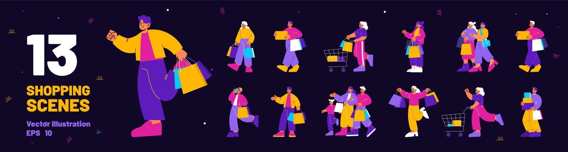 Set of shopping scenes with people with bags vector