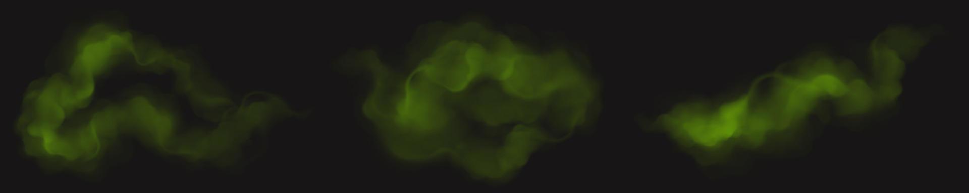 Set of green smoke clouds on black background vector