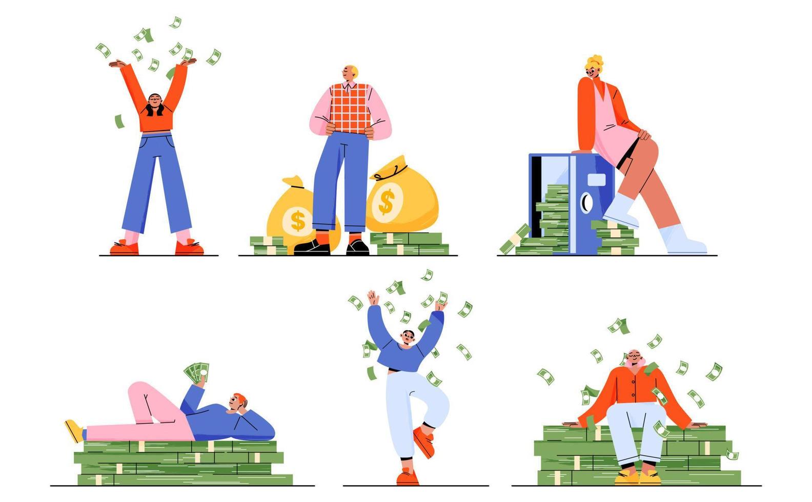Happy rich people with stacks of cash, money bags vector