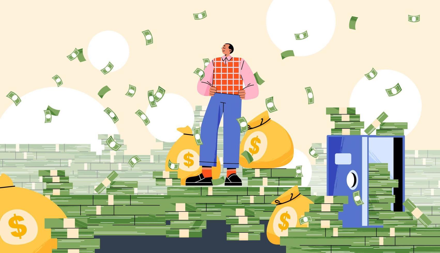 Rich man standing under money rain vector