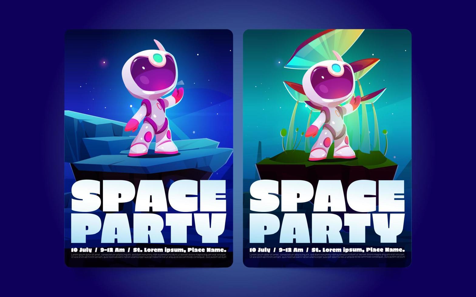 Space party posters with cute little spaceman vector