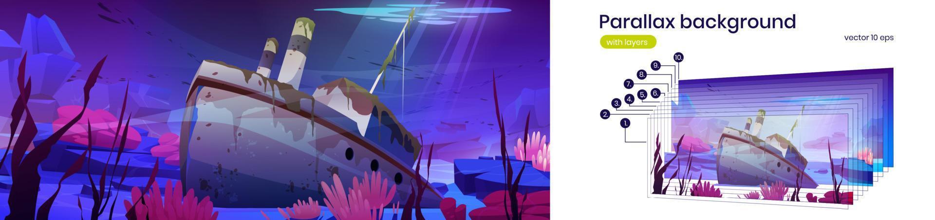 Parallax background with sunken ship underwater vector