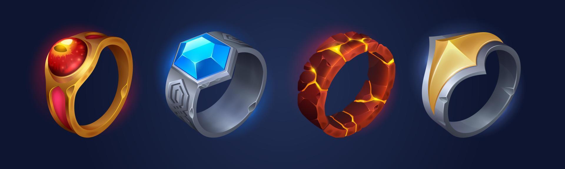 Magic rings and fantasy jewelry game props icons vector