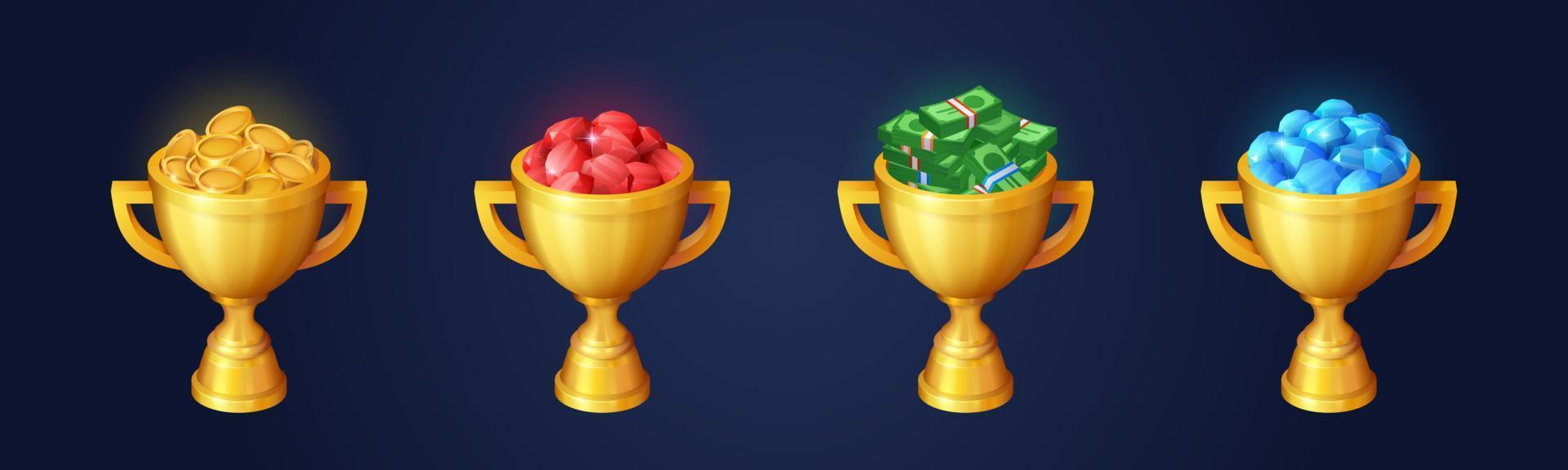 Winner trophy, gold cups with gems and money vector