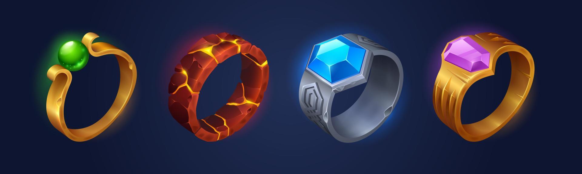 anillos mágicos de fantasía con gemas y fuego en el interior vector