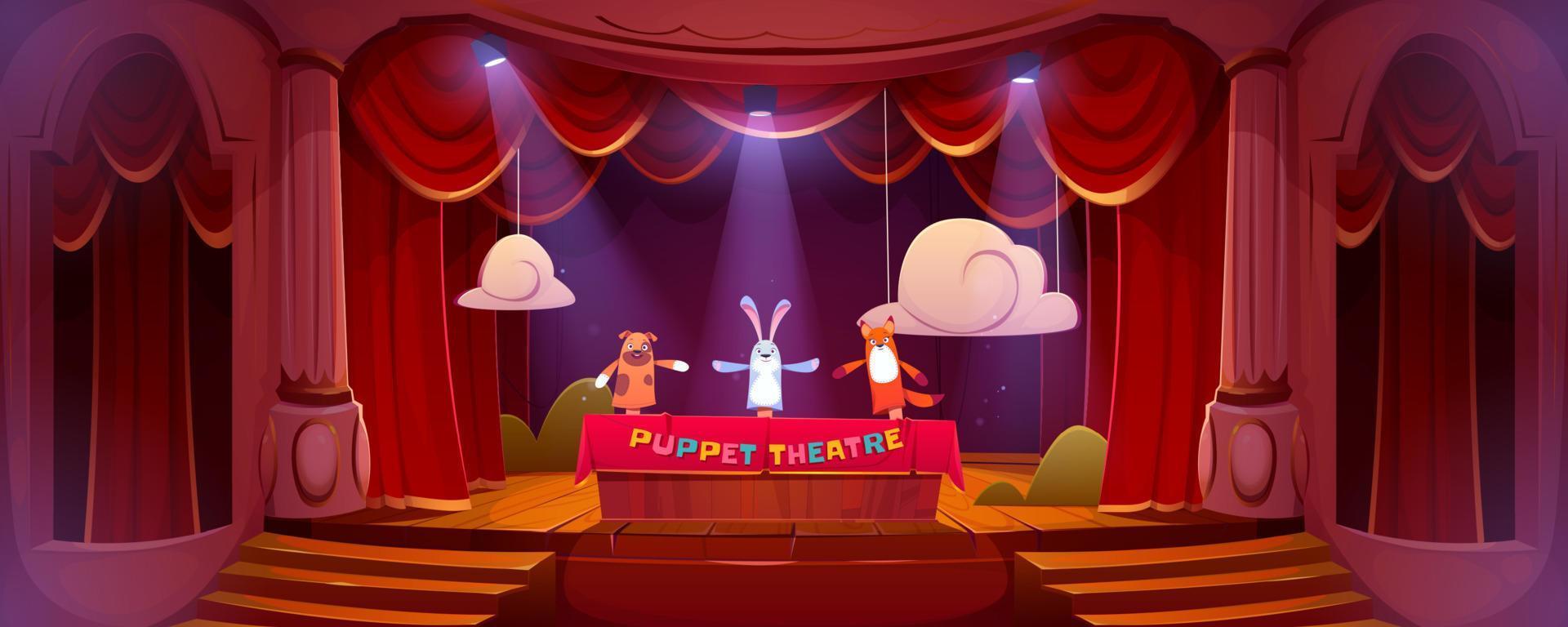 Puppet theater on stage, funny dolls perform show vector