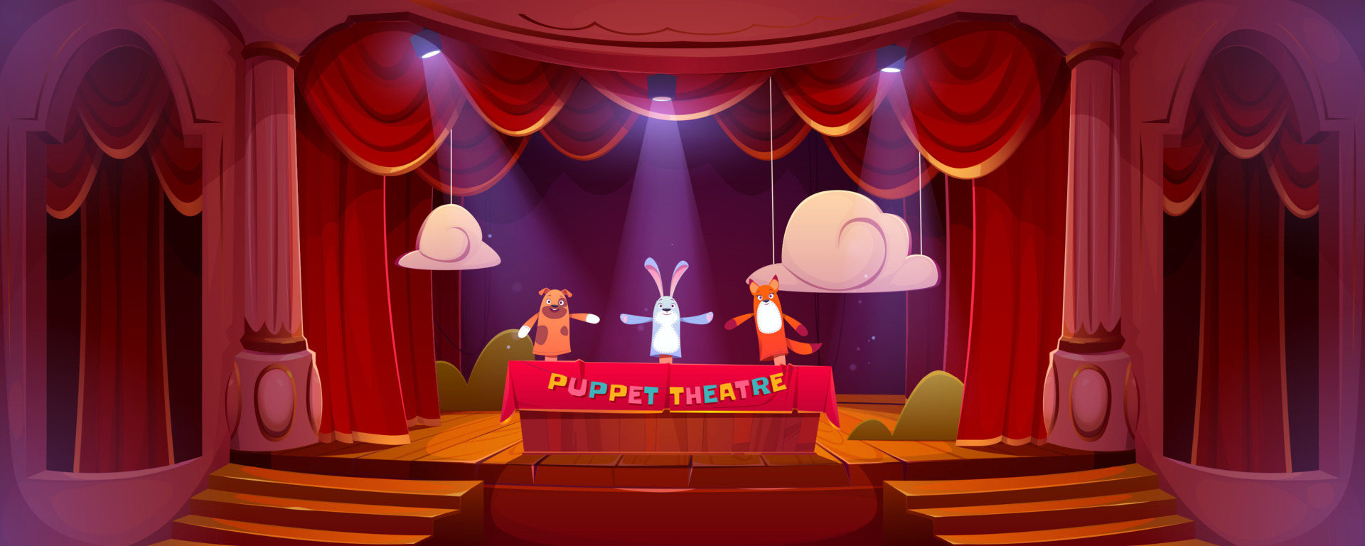 Puppet theater on stage, funny dolls perform show 16265498 Vector Art