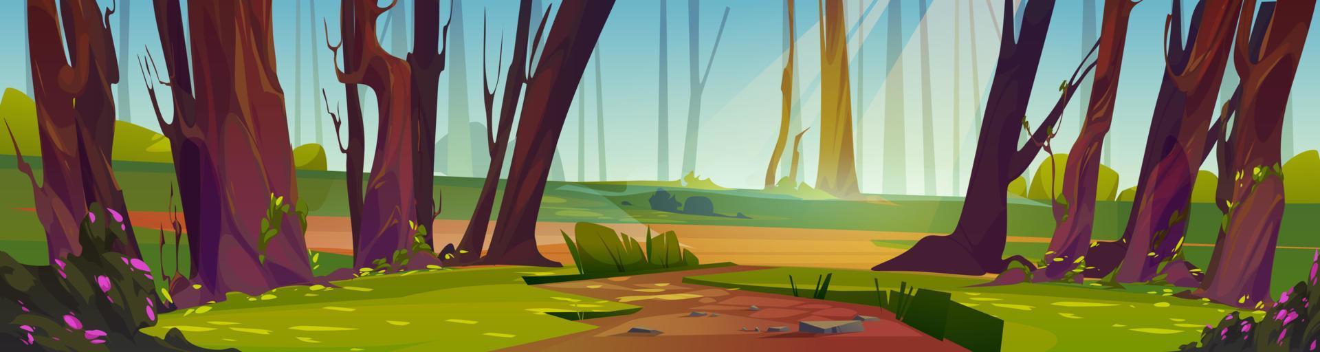 Footpath in sunlit forest cartoon illustration vector