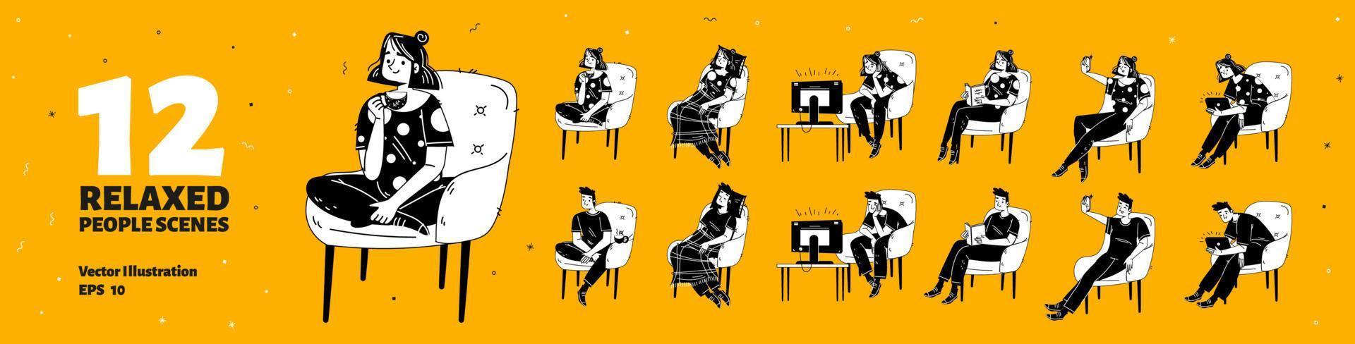Lazy people relax in chair at home vector