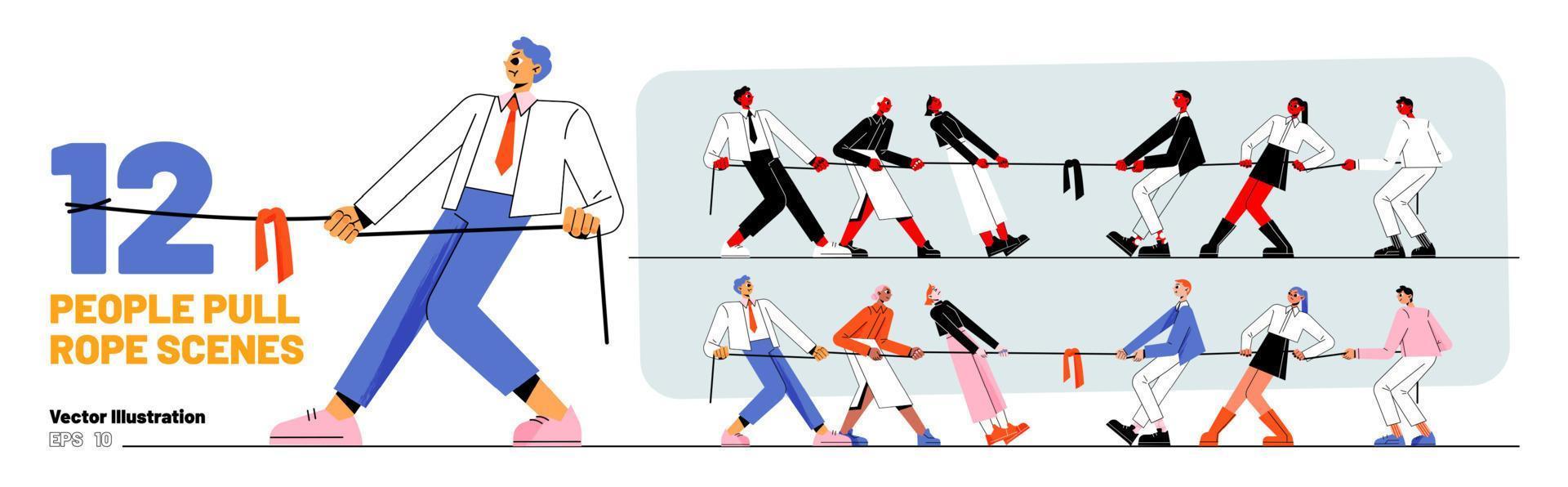 Set of people pull rope scenes, tug of war battle vector