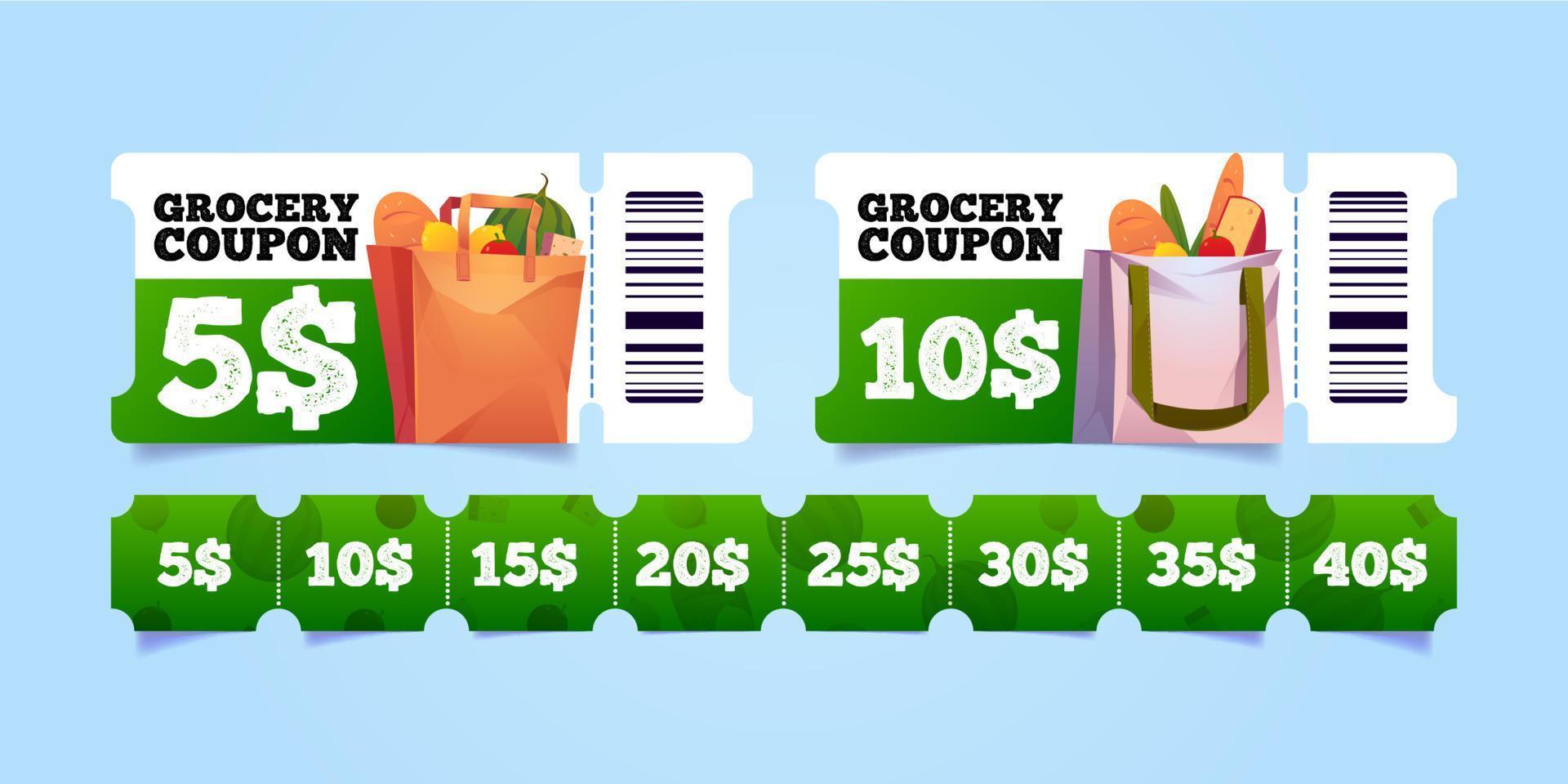 Grocery shop coupons with food in bags vector