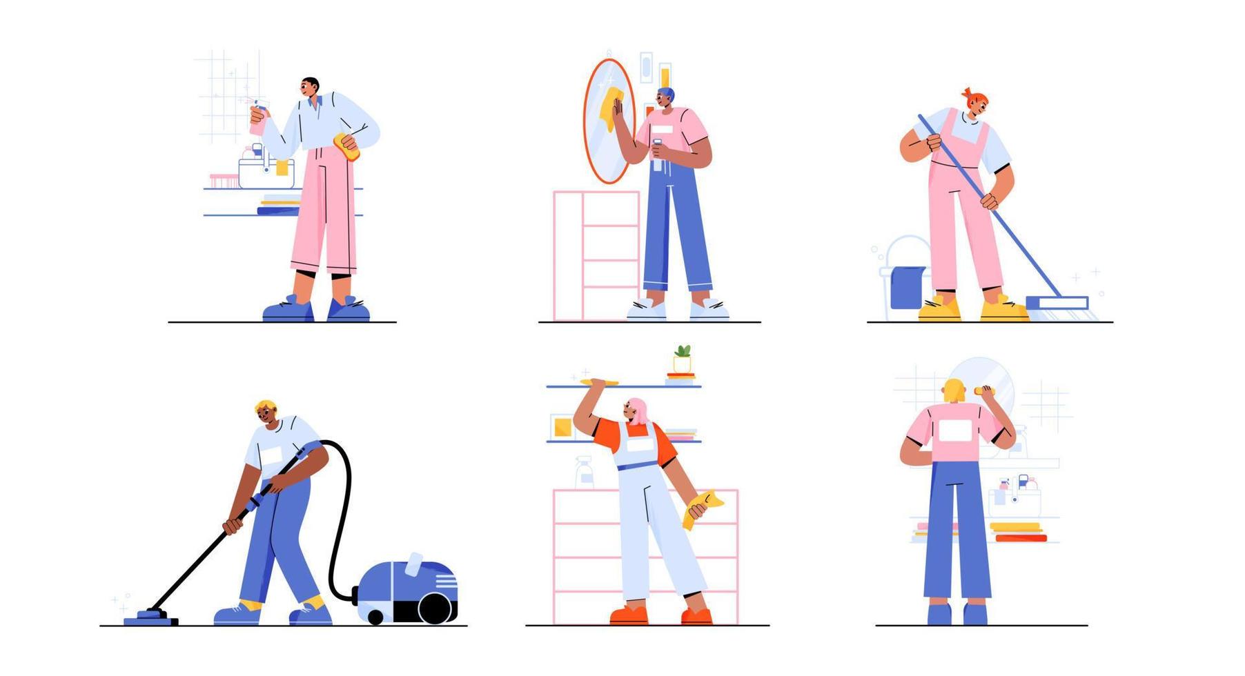 Cleaning service at home, janitors team in uniform vector