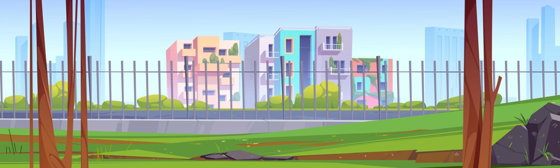 paisaje de verano de parque y casas detrás de la cerca vector