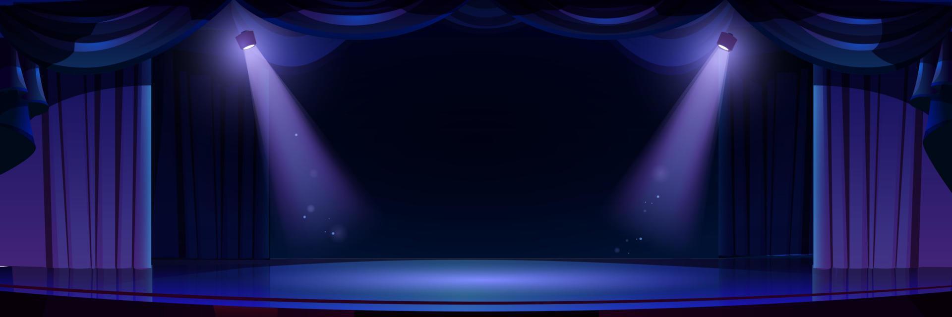 Dark theater stage with spotlights, curtain, drama vector