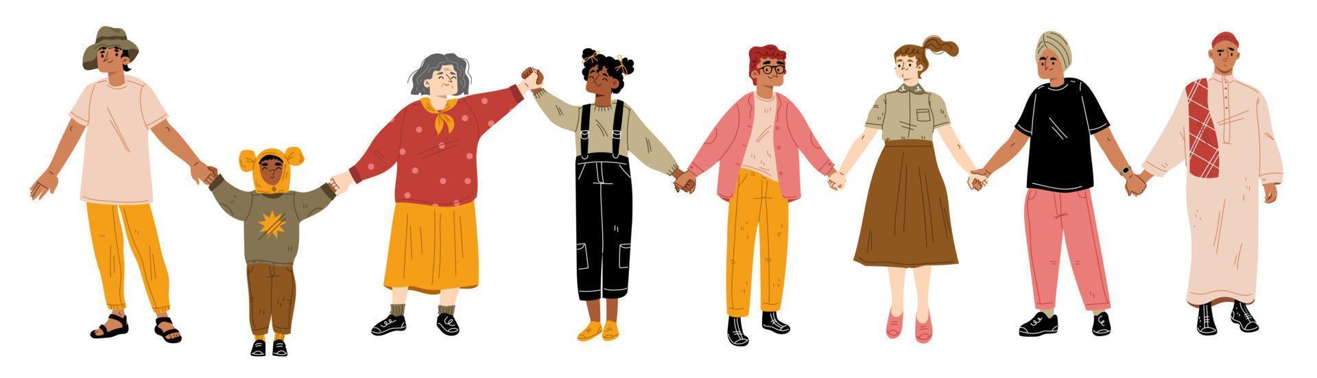 Happy people holding hands isolated on white vector