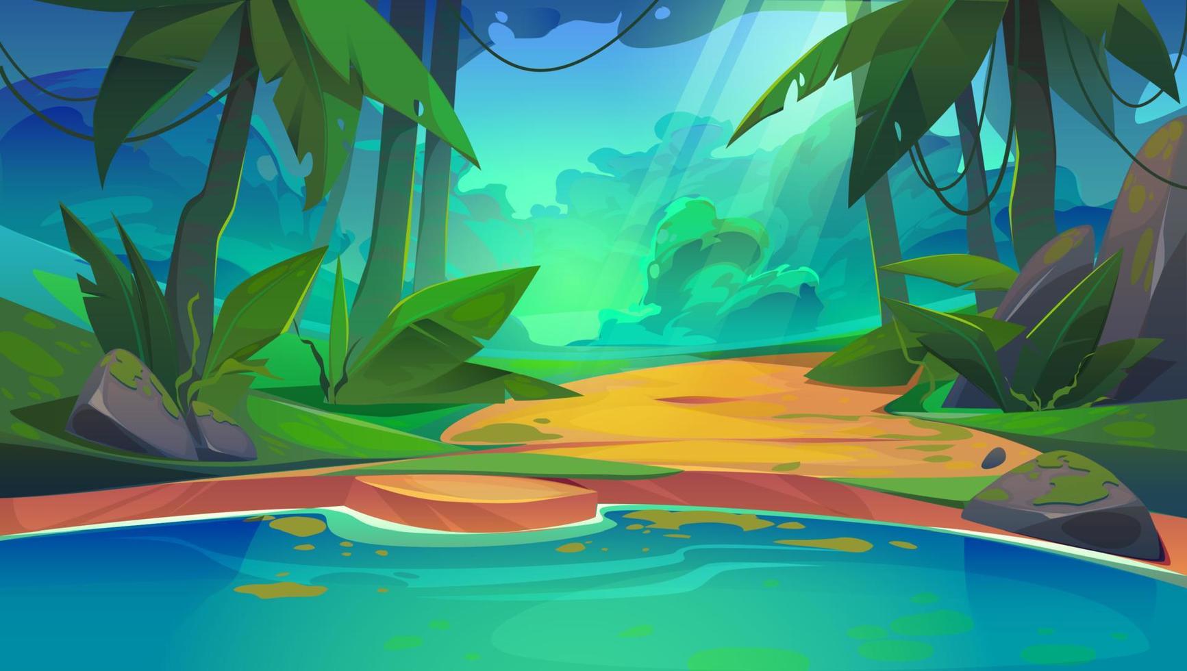 Tropical jungle forest swamp or lake landscape vector