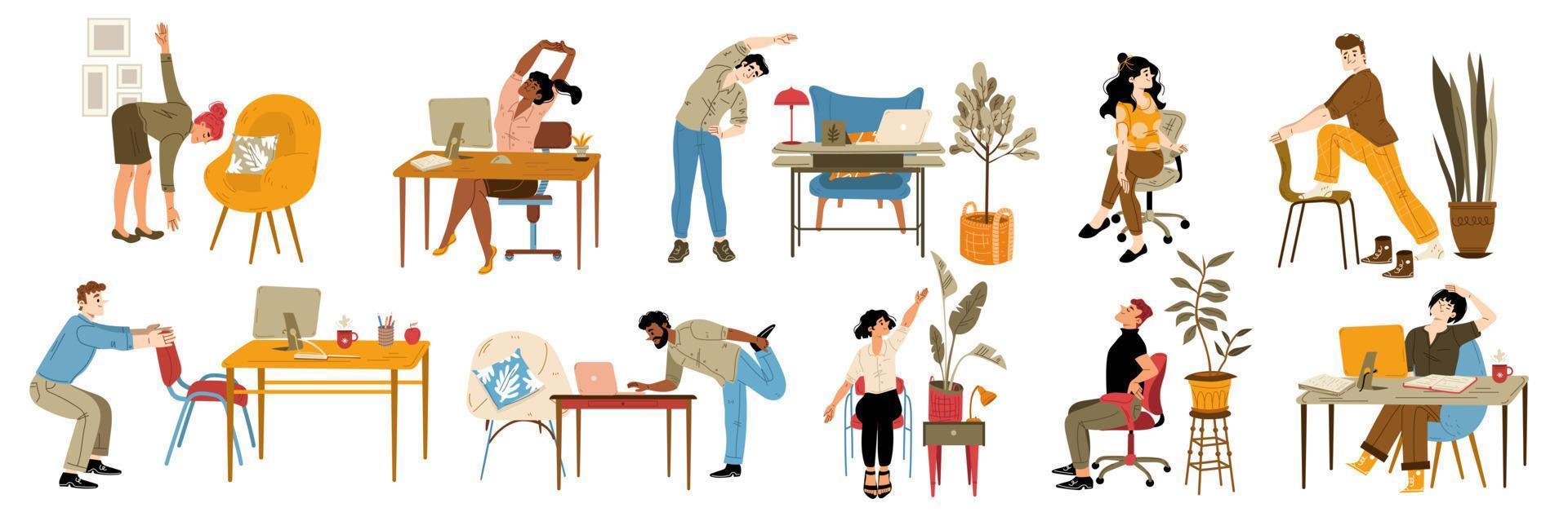 Office employees exercise at work, stretch at desk vector