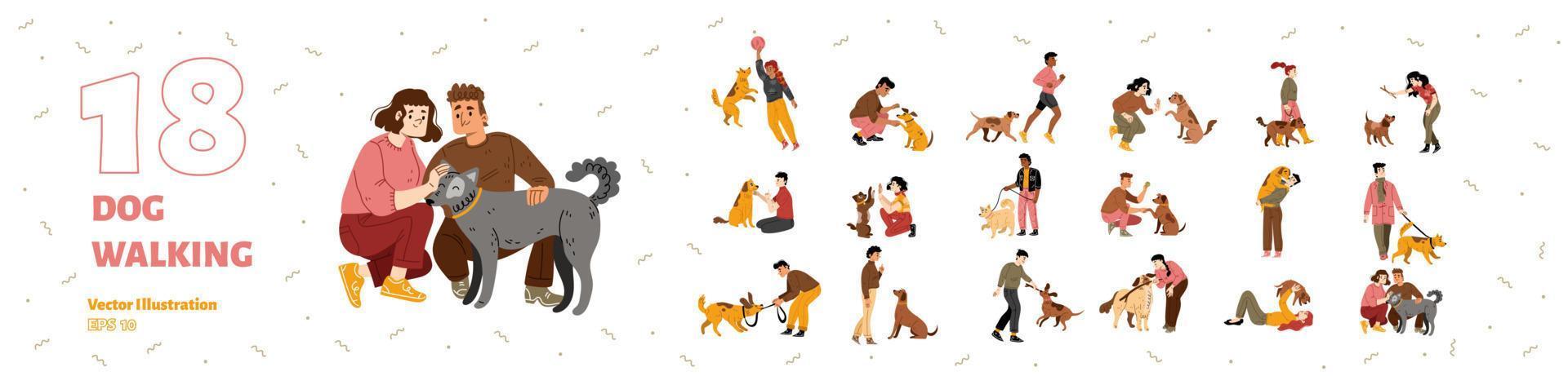 People training dogs, hug and play with puppies vector