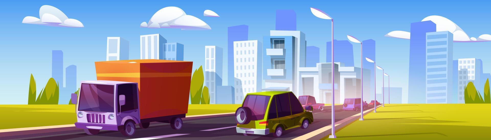 Traffic on highway against cityscape background vector