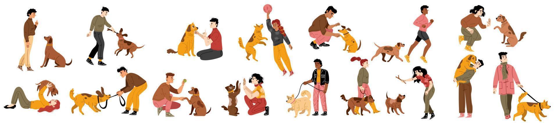 People training dogs, hug and play with puppies vector