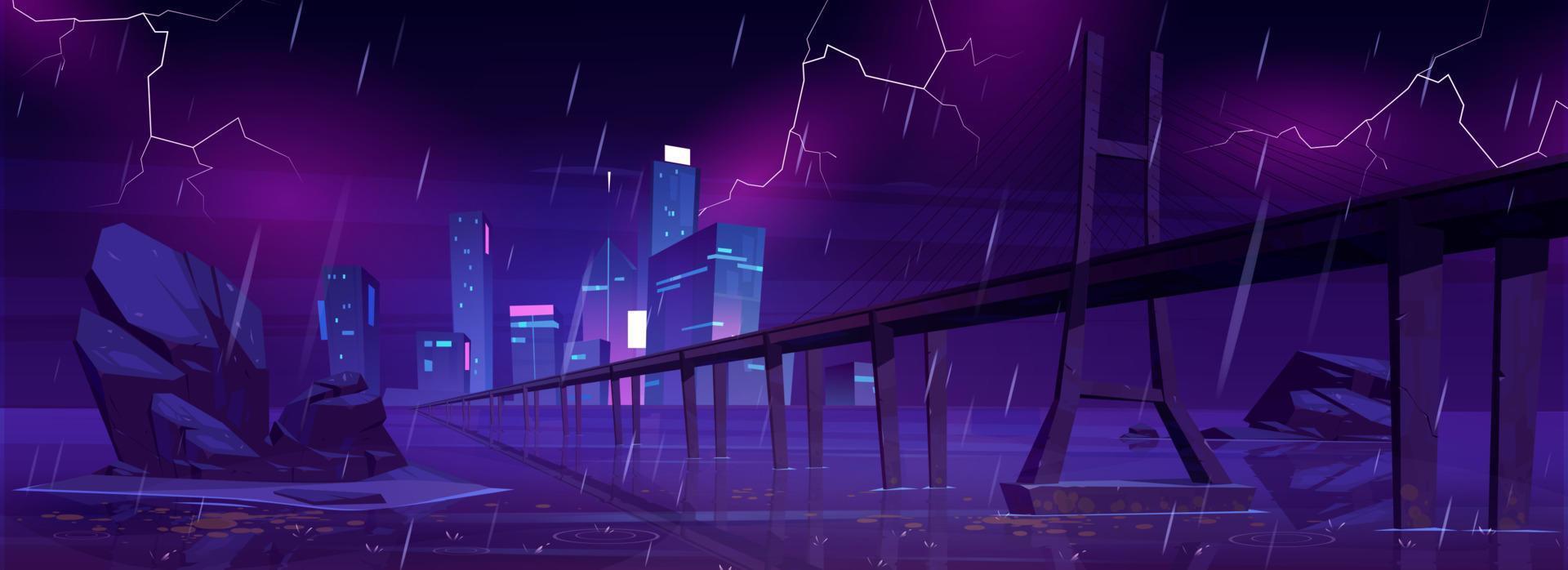 City skyline with overpass in storm at night vector