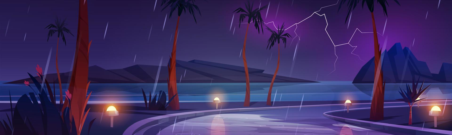 Night rainy landscape road turn with palm trees vector