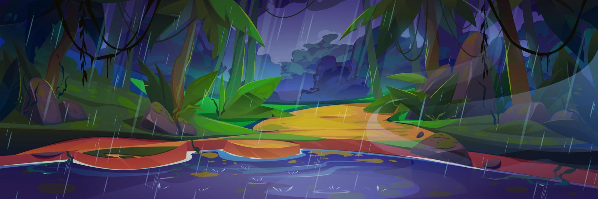 Rain in tropical jungle forest with lake vector