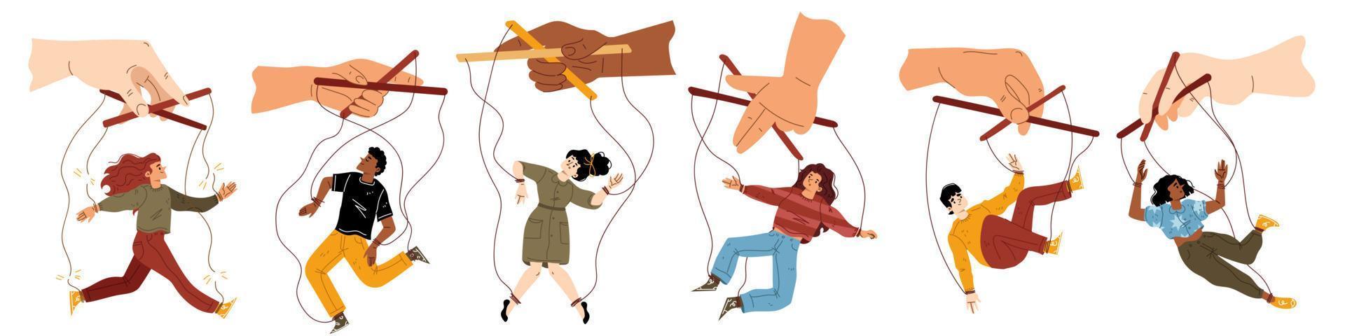 Set of people hang on ropes. Puppeteer and puppets vector