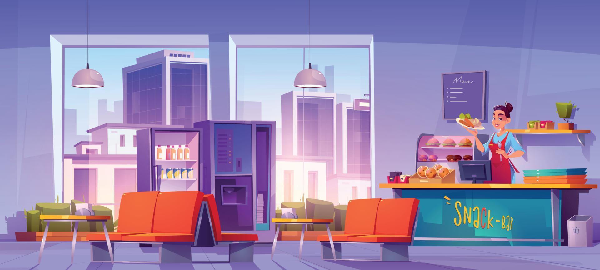 Cafe interior with city view, fast food canteen vector