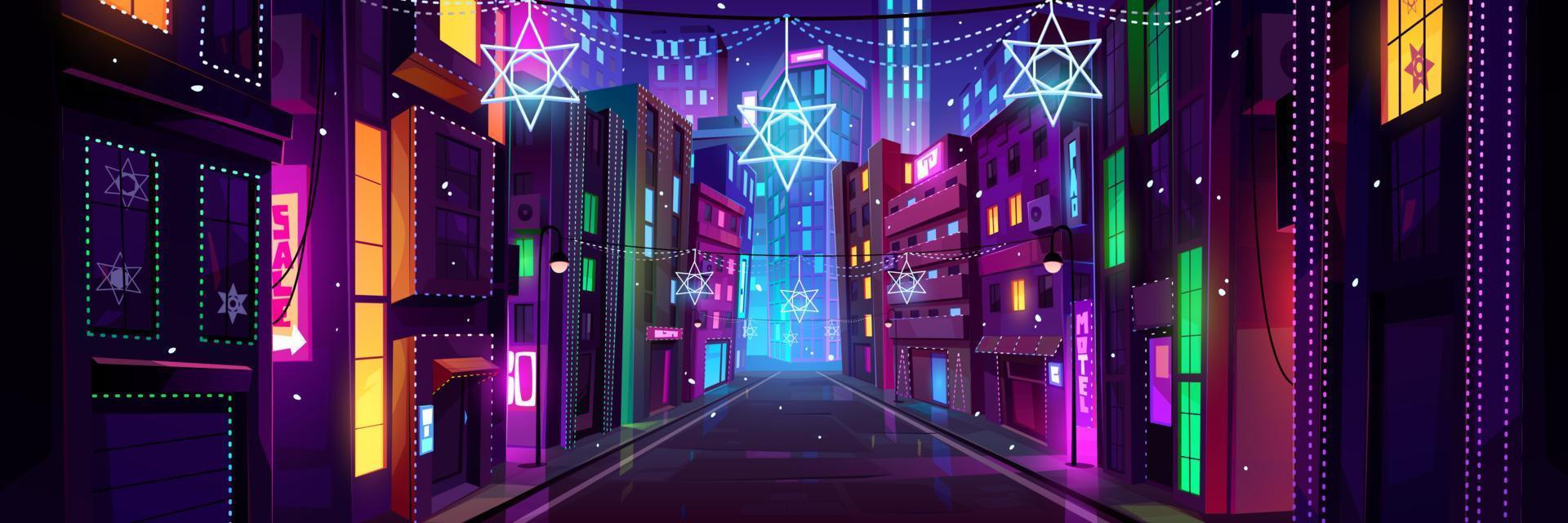 Night city street perspective view with neon light vector