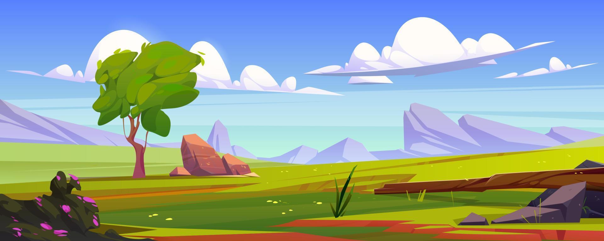 Beautiful green meadow in mountain valley, cartoon vector