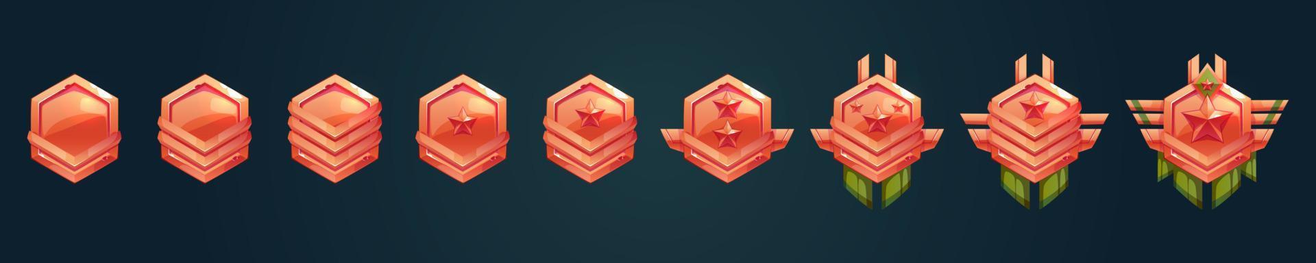 Game rank icons, bronze level badges, ui banners vector