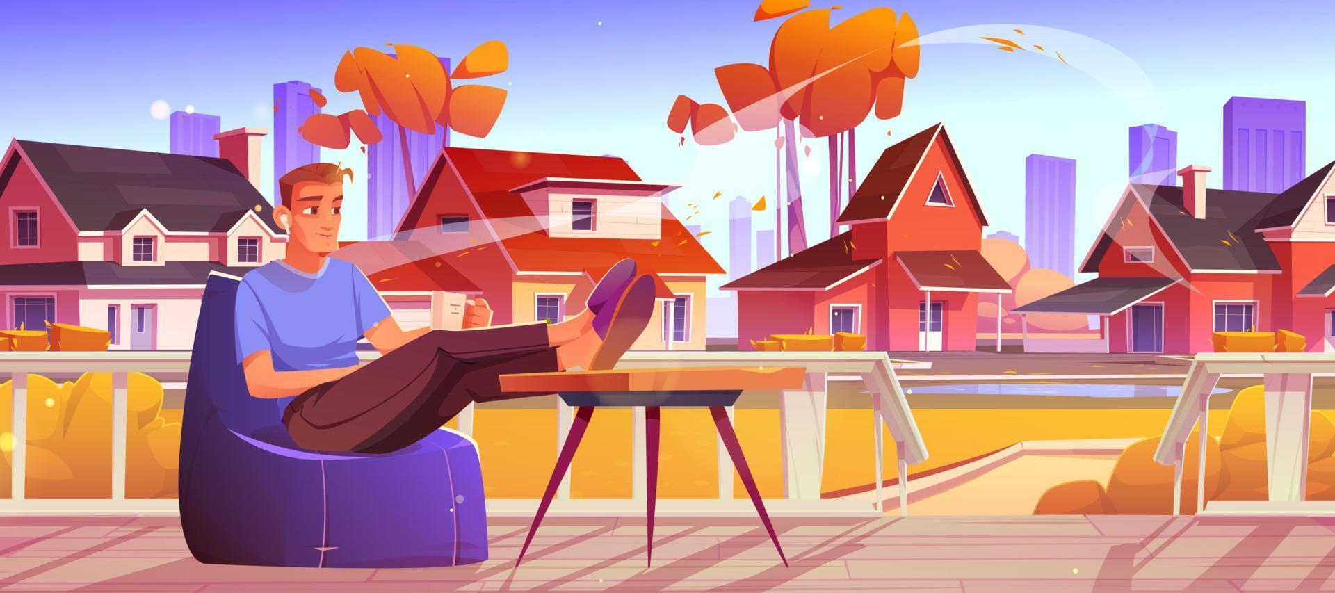 Man relax at outdoor home terrace at suburban area vector