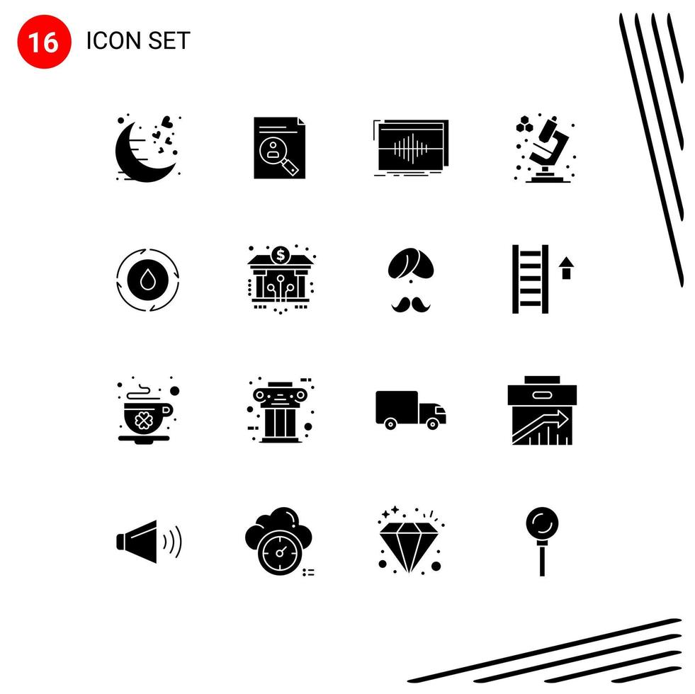 Modern Set of 16 Solid Glyphs and symbols such as microscope wave cv sequence frequency Editable Vector Design Elements