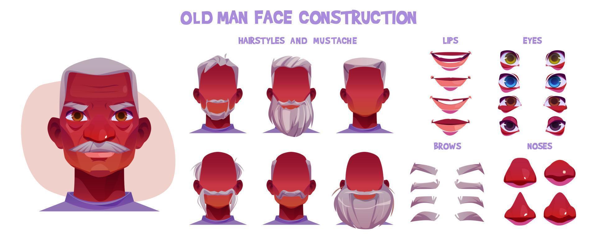 Old man face animation constructor black character vector