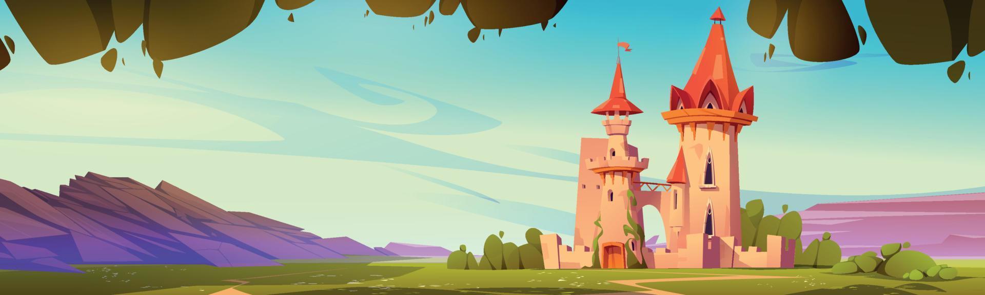 Fairy tale castle in green valley, mountains vector