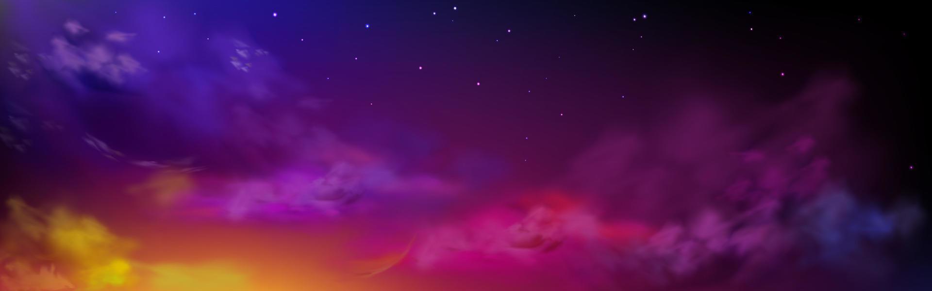 Night sky with colorful clouds and stars, heaven vector