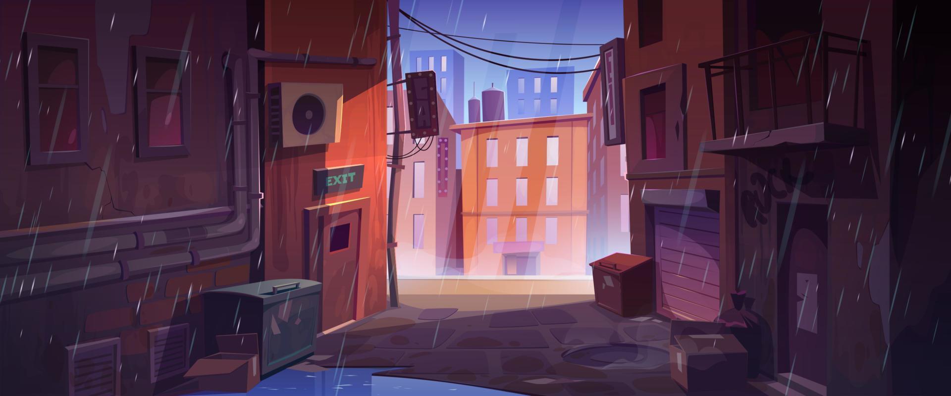 Rain at dark city corner, dirty nook puddles vector