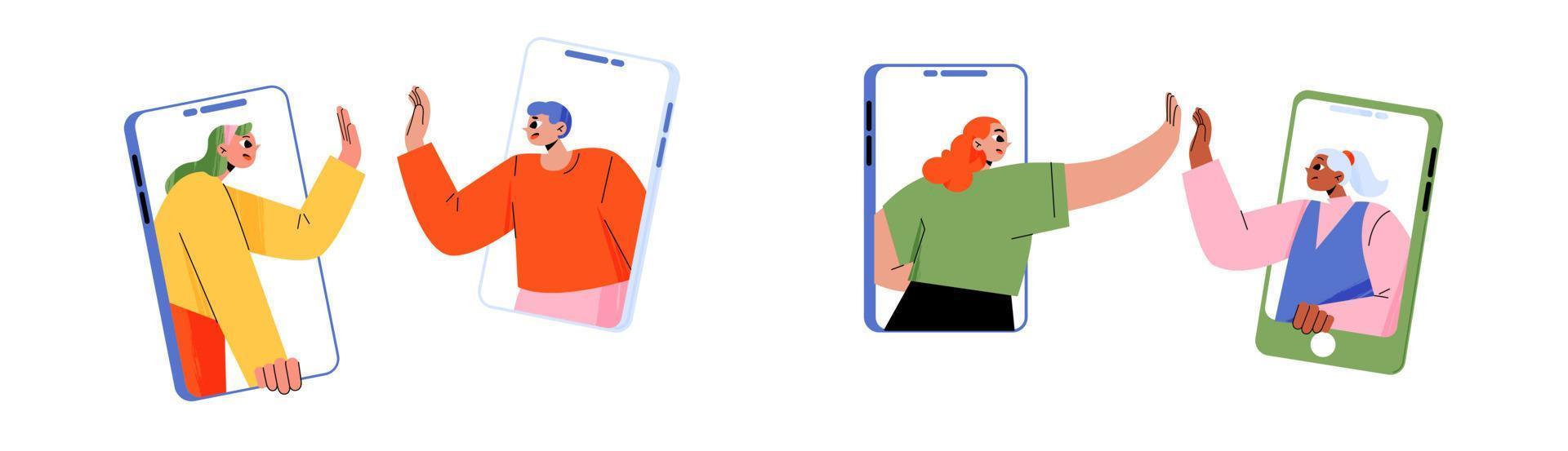 People on phones give high five, video call vector