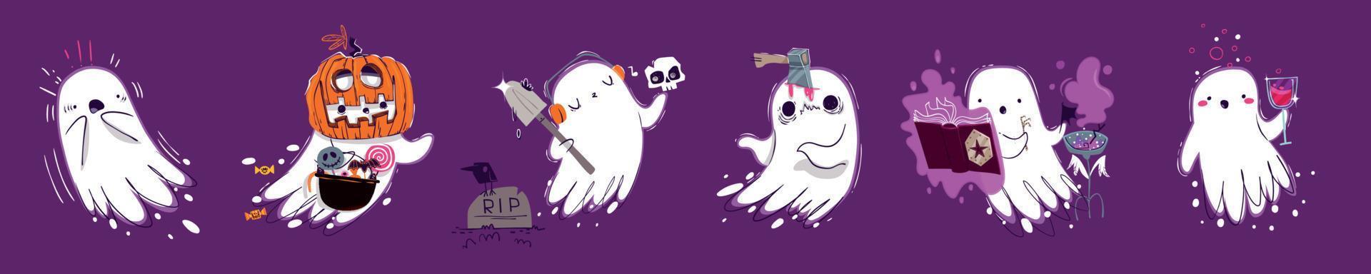 Set of cute Halloween ghosts on background vector
