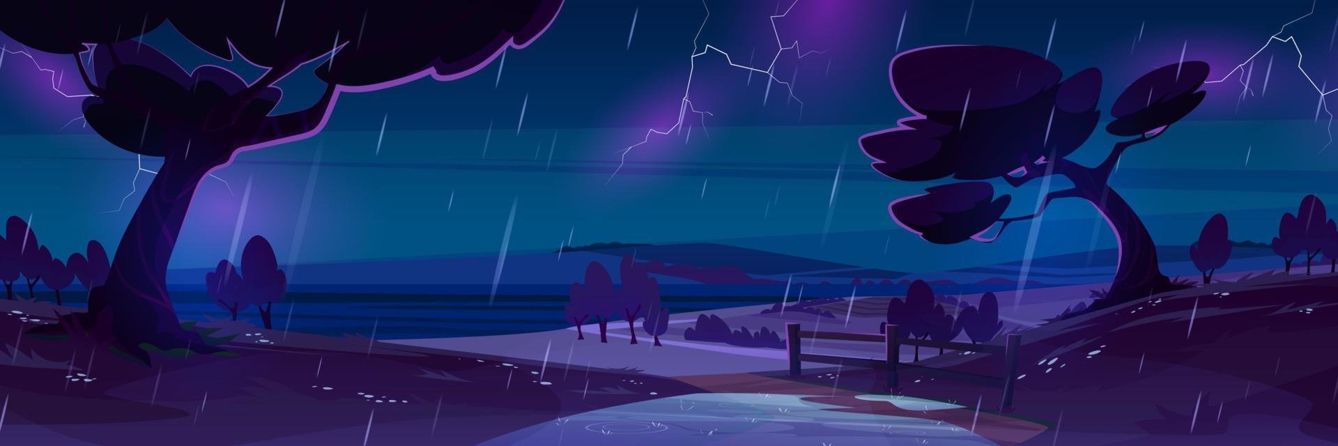 Night rain at countryside cartoon landscape, storm vector