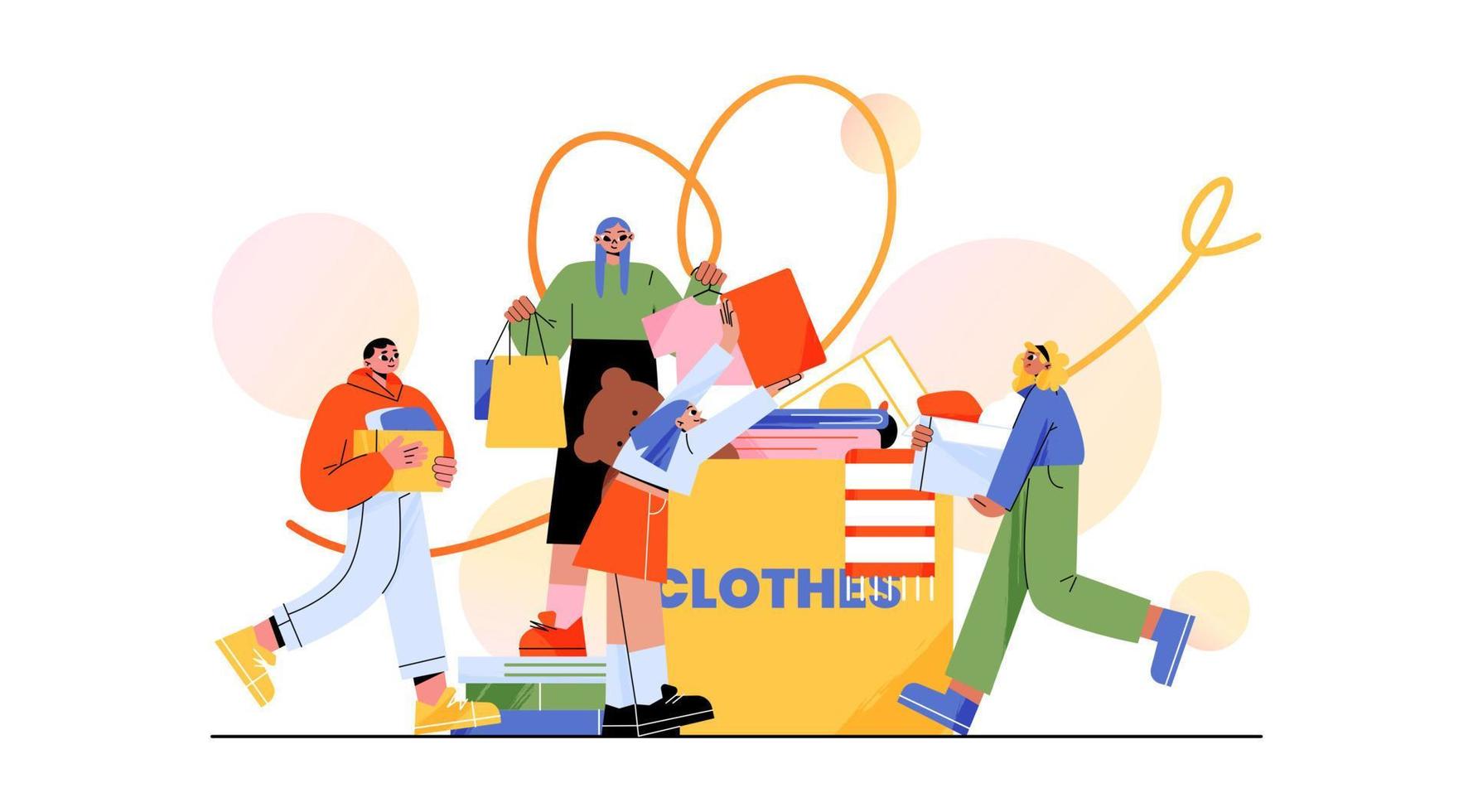 Clothes donation, charity concept with volunteers vector