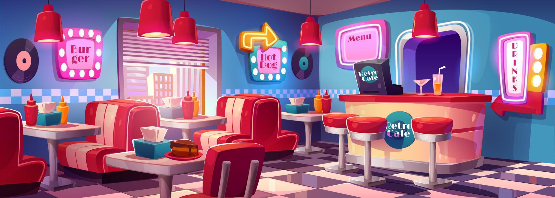 Fast food retro cafe interior with tables, vector 16265858 Vector Art
