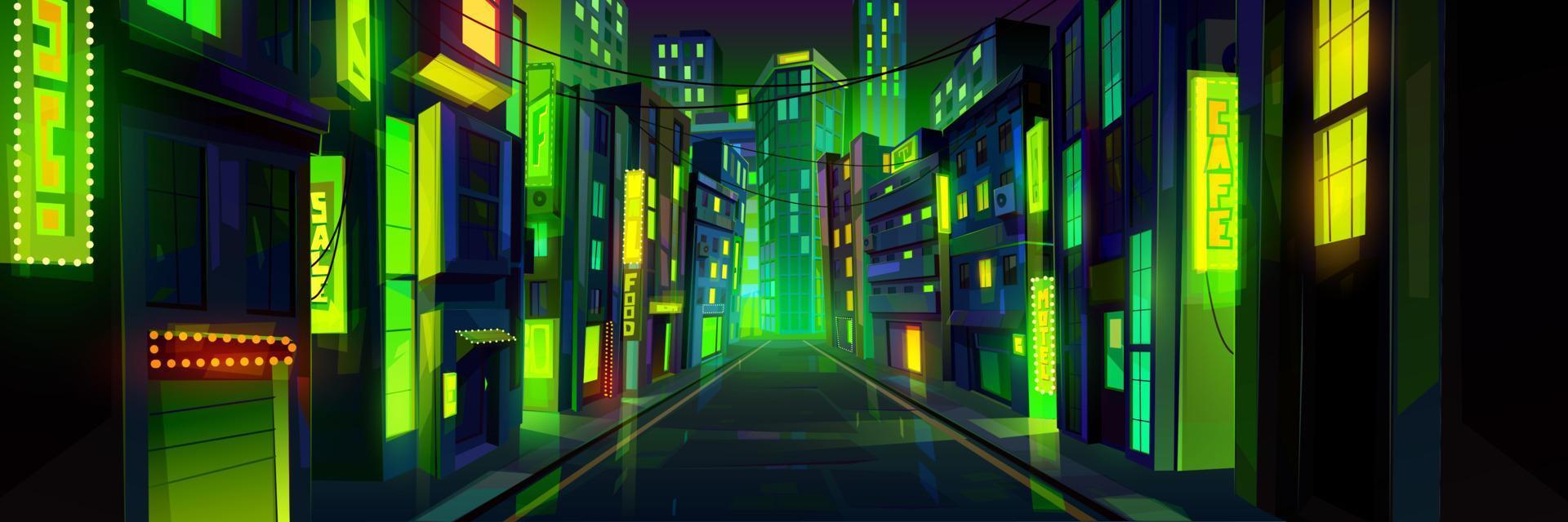 Night city street with road and green neon glow vector