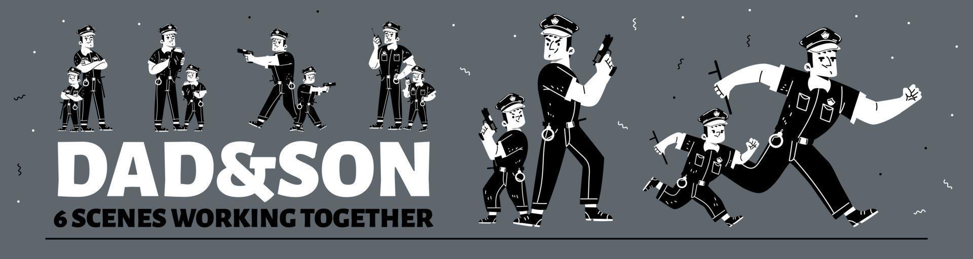 Dad and son in policeman costume work together vector